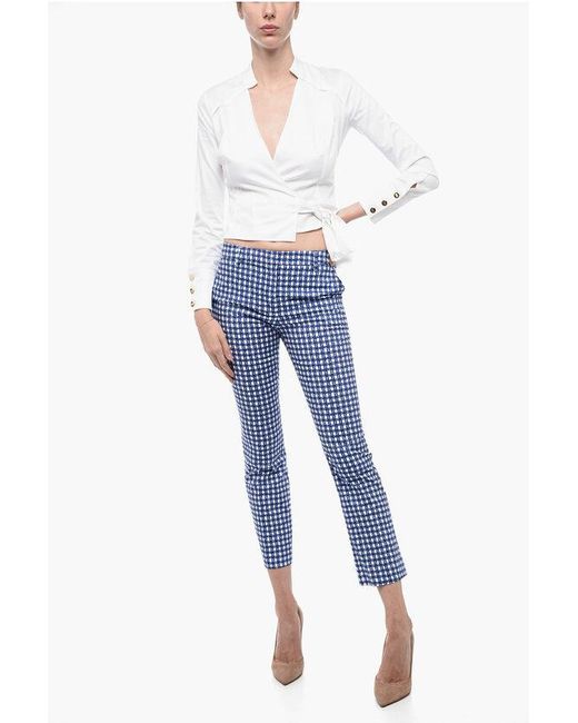 True Royal Blue Stretch Cotton Chino Pants With Checked Pattern