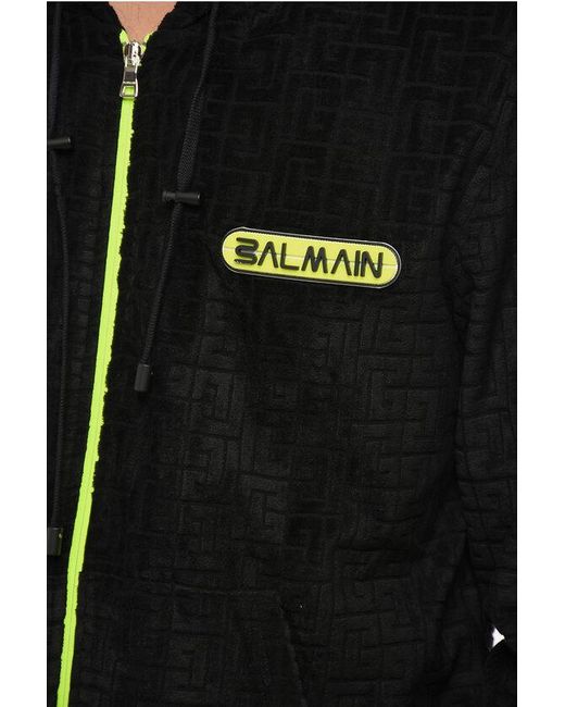 Balmain Black Velvet Sweatshirt With All-Over Monogram And Fluo Details for men