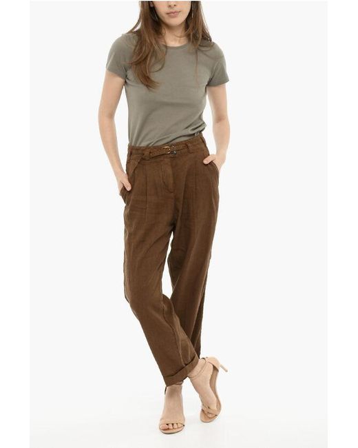 Woolrich Brown Doluble Pleated Linen And Cotton Pants With Belt