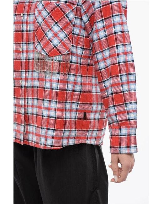 Woolrich Red Plaid Check Cotton Blend Overshirt With Fringed Details