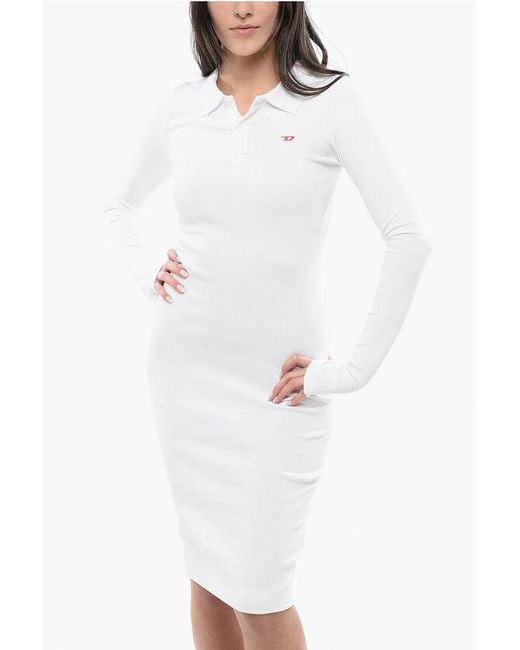 DIESEL White Tag Ribbed D-Ribenny-Ls-D Bodycon Polo Dress With 2-Butt