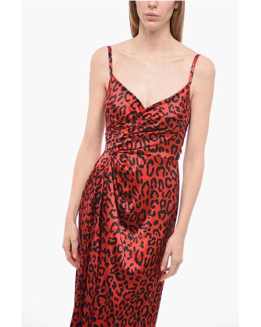 Dolce & Gabbana Red Animal Patterned Silk Satin Slip Dress With Draping