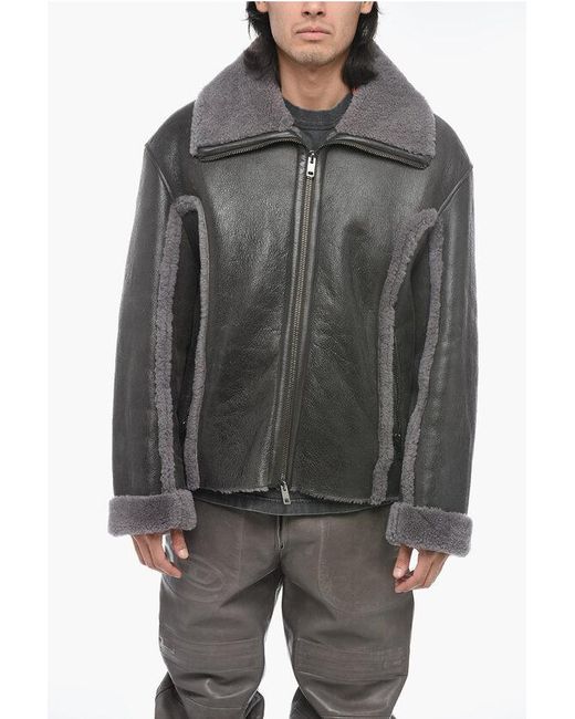 DIESEL Gray Vintage Effect Leather L-Browny Oversized Jacket With Fur De for men
