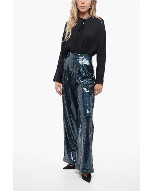 New Arrivals Blue All-Over Sequined Wide-Leg Pants With Pleats
