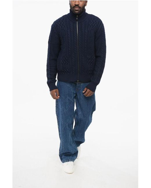 Versace Blue Virgin Wool Zip-Up Pullover With Cable Knit Design for men