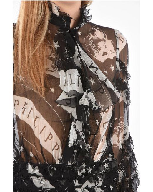 Philipp Plein Black Couture Est.1978 Floor-Length Tiered Sheer Silk Dress With B