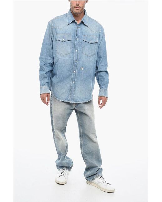 Palm Angels Blue Embroidered Monogram Denim Shirt for men