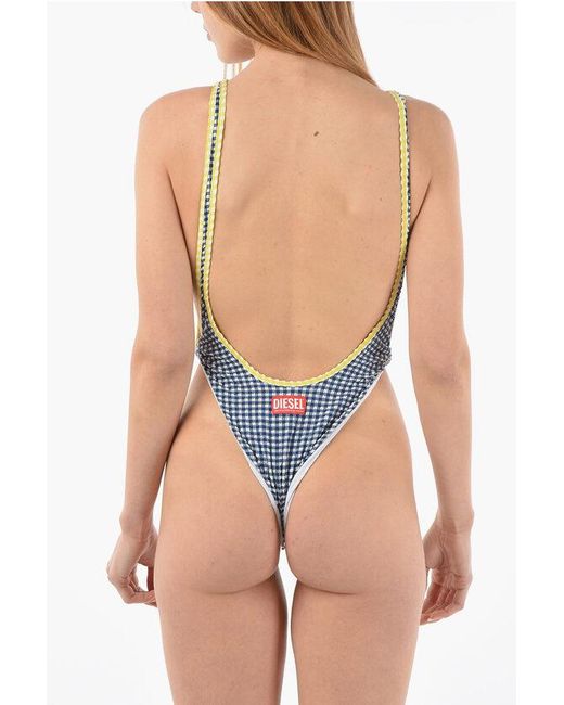 DIESEL Blue Checked Bfsw-Tessah One Piece Swimsuit With Deep V-Neck