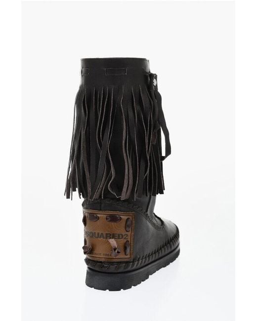 DSquared² Black Leather Mid Boots Fringes