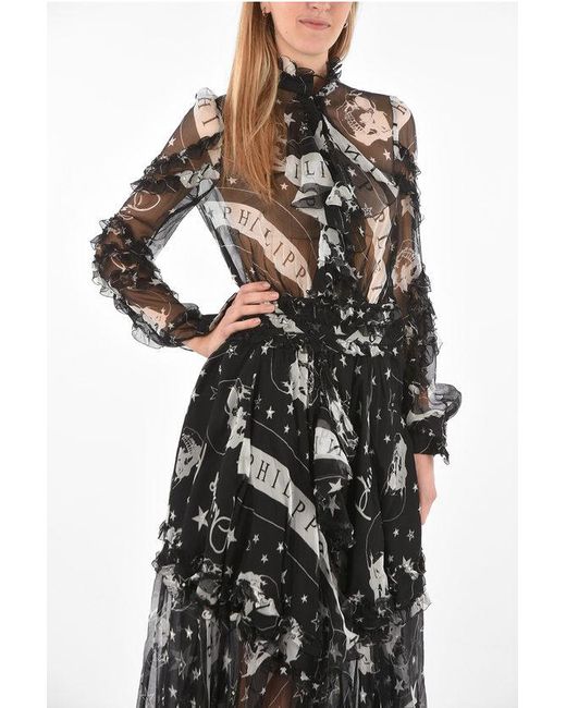 Philipp Plein Black Couture Est.1978 Floor-Length Tiered Sheer Silk Dress With B