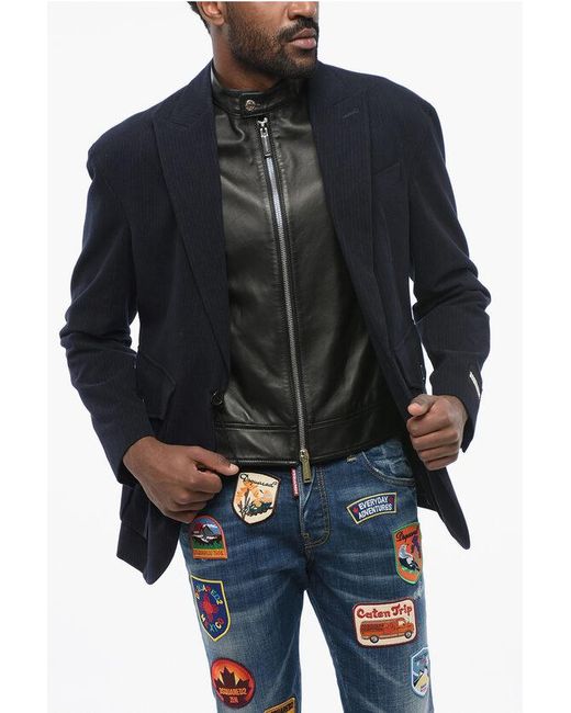 DSquared² Blue Pinstriped Blazer With Leather Chest Piece for men