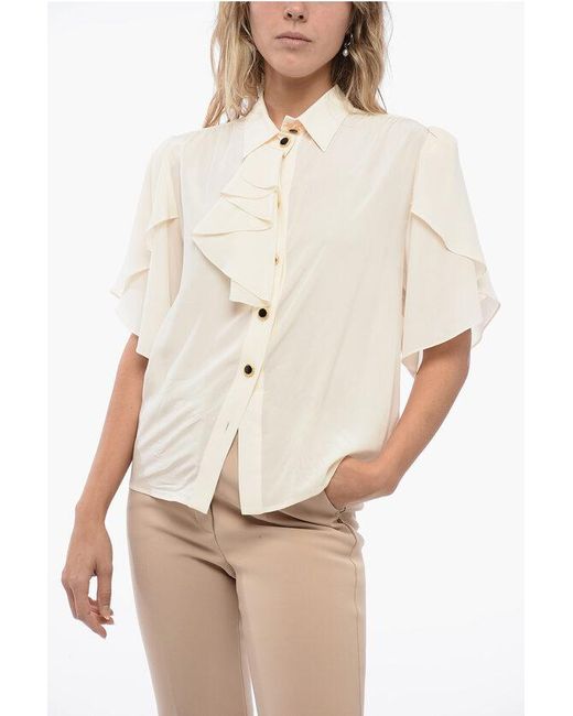 Alessandra Rich Natural Chiffon Silk Shirt With Ruffle Detail