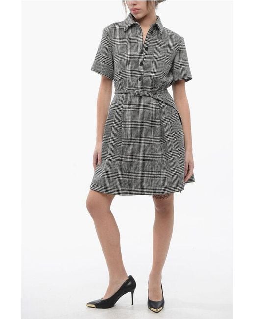 Dior Gray District Check Wool Flared Shirt Dress With Lace Detail