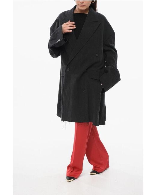Balenciaga Black Double-Breasted Linen Coat With Raw-Cut Hem