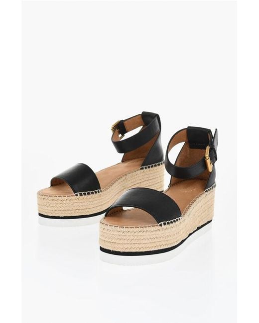 See By Chloé Black Leather Sandals Espadrillas Wedge 7 Cm