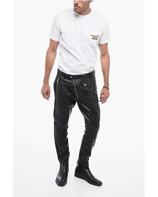 DSquared² Black Leather Biker Pants With Zipped Detailing for men
