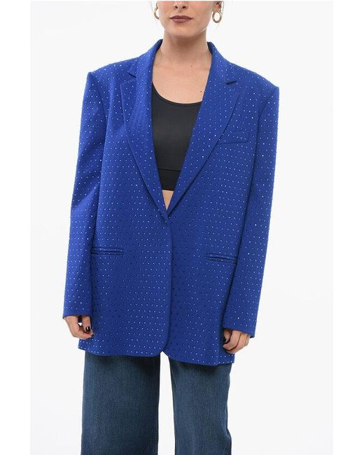 ANDAMANE Blue Single-Breasted Blazer With Allover Rhinestones