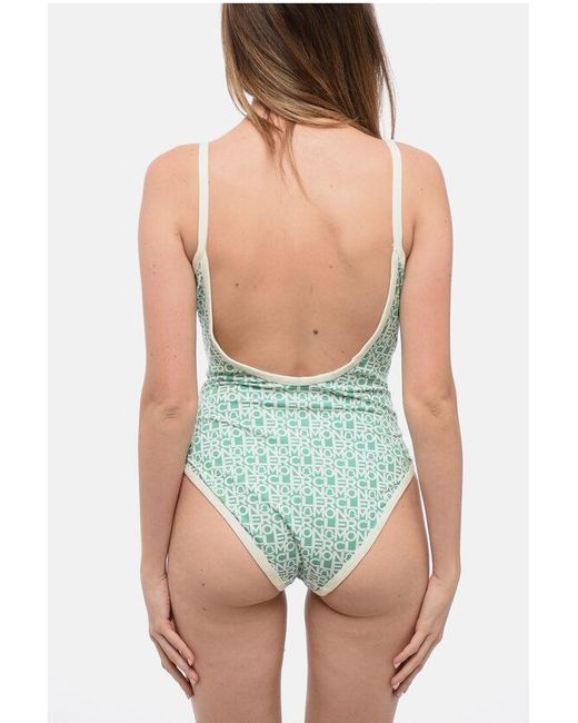 Moncler Green Stretch Nylon One-Piece Swimsuit With All-Over Logo