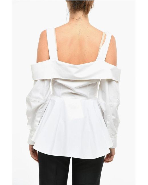 Alexander McQueen White Cotton Cold-Shoulder Peplum Shirt