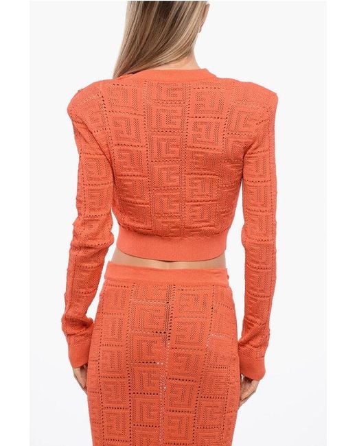 Balmain Orange Crochet Cropped Top With Jewel Buttons