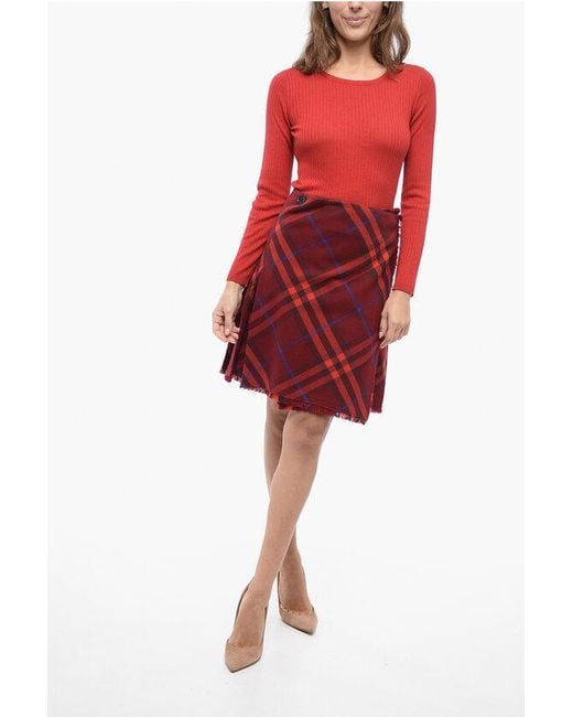 Burberry Red Cool Wool Pleated Skirt With Check Motif