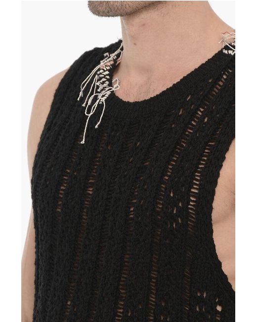 ANDERSSON BELL Black Perforated Sleeveless Gordon Crew-Neck Sweater With Fringes for men