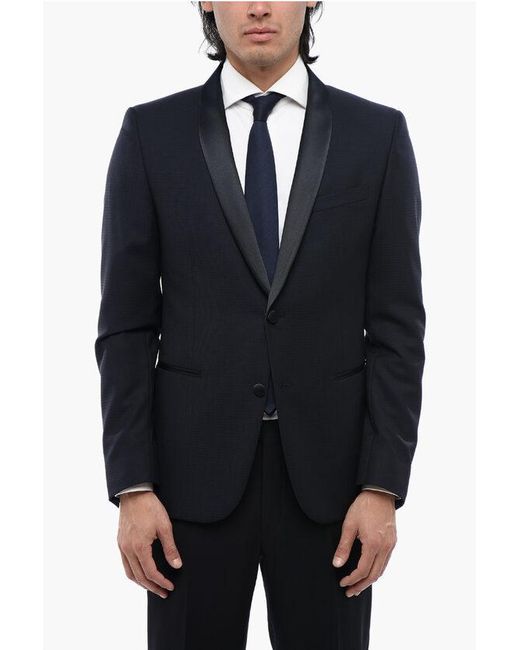 Corneliani Blue Cc Collection Virgin Wool Side Vents Shawl Lapel Tuxedo Blaz for men