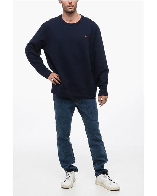 Polo Ralph Lauren Blue Crew Neck Flleeced Cotton Sweatshirt With Embroidered Logo for men