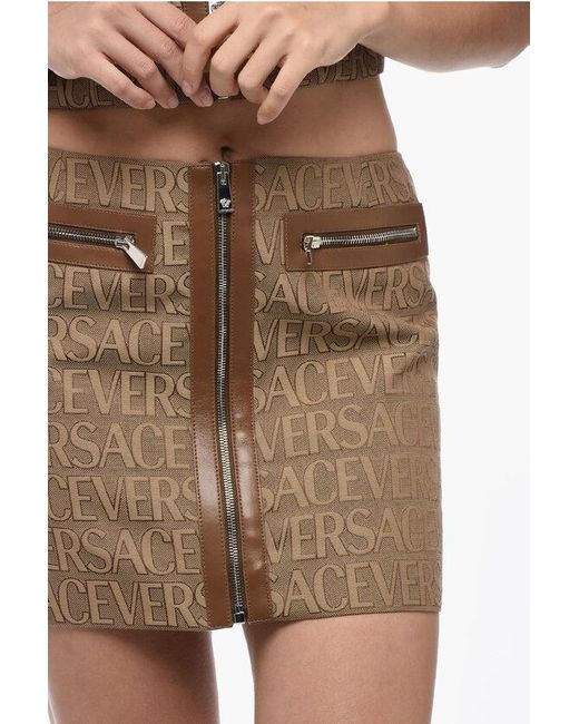 Versace Brown Garden Monogram Patterned Miniskirt With Front Zip