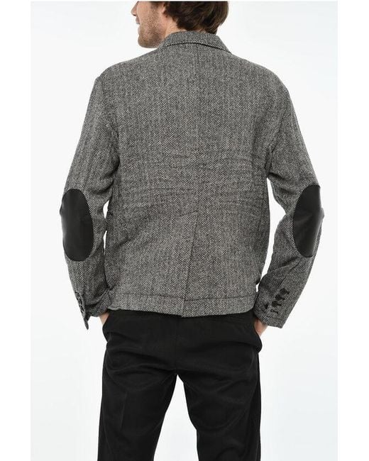 DSquared² Gray Herringbone Wool 3 Buttons Blazer With Faux Leather Patch for men