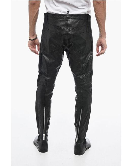 DSquared² Black Leather Biker Pants With Zipped Detailing for men