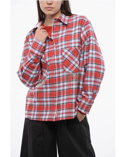 Woolrich Red Plaid Check Cotton Blend Overshirt With Fringed Details