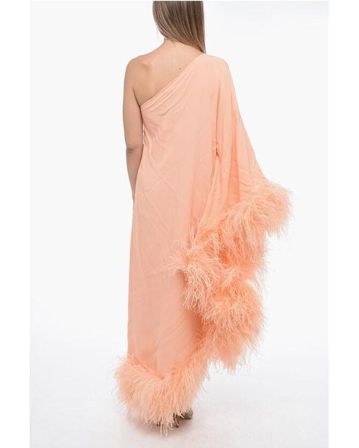 ‎Taller Marmo Pink Crepe Ubud One-Shoulder Dress With Ostrich Feathers