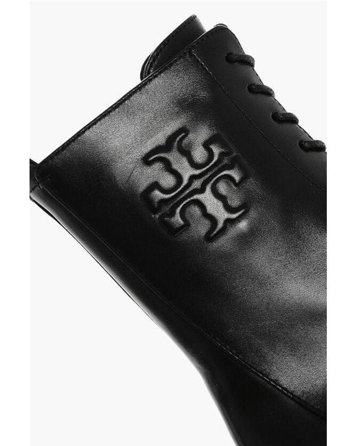 Tory Burch Black Leather Double-T Combat Booties With Inner Zip