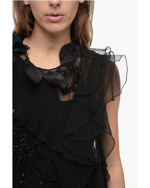 Alberta Ferretti Black Georgette Plited And Ruffle Desing Dress With Shimmer Embrod