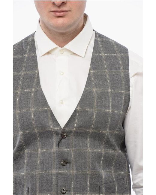 Corneliani Gray Cc Collection Checked Virgin Wool Waistcoat for men