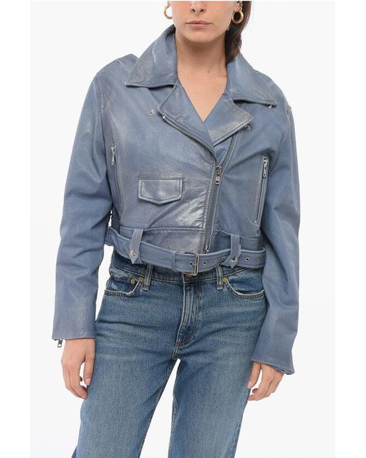 S.w.o.r.d 6.6.44 Blue Cropped Coated Leather Biker Jacket