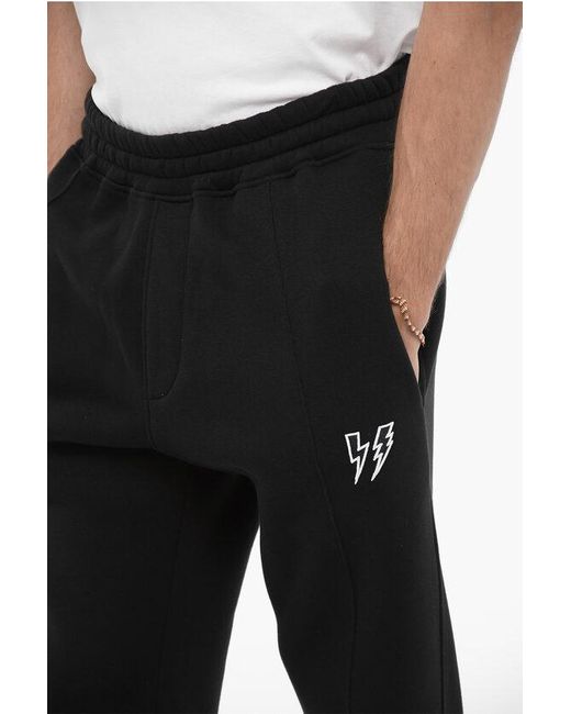 Neil Barrett Black Fleeced Cotton Blend Loose Fit Joggers With Thunderbolts Emb for men