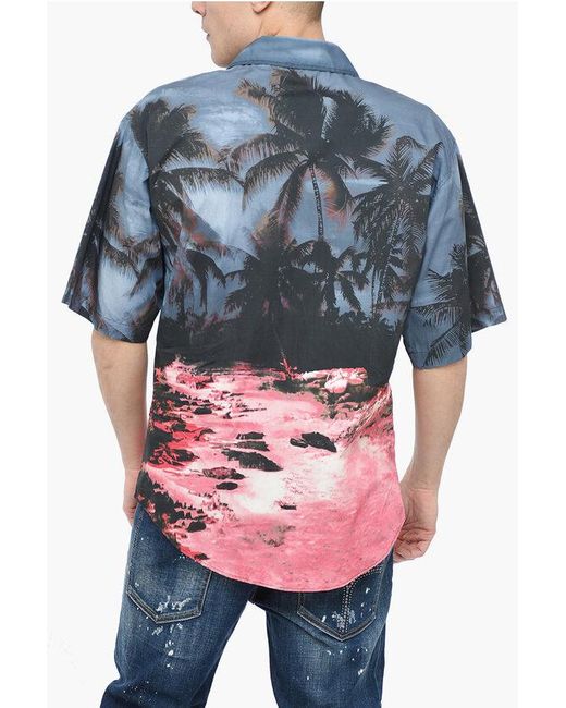 DSquared² Blue Sunrise Bowling Shirt With All Over Graphic Print for men