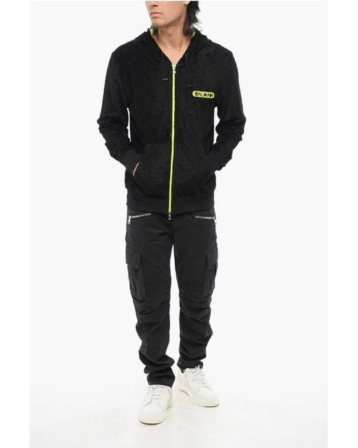 Balmain Black Velvet Sweatshirt With All-Over Monogram And Fluo Details for men