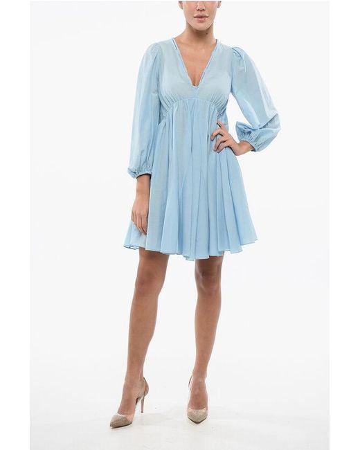 Pinko Blue V-Neck Cotton And Silk Beowulf Dress With 2 Pockets