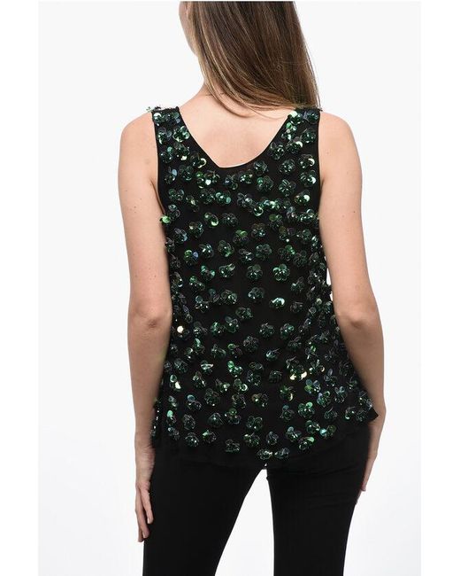 P.A.R.O.S.H. Black Chiffon Top With Sequined Floral Application