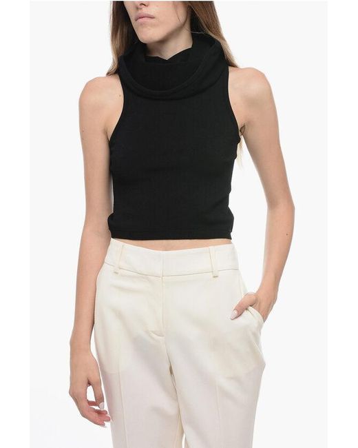 Alaïa Black Stretchy Crop Top With Maxi Collar