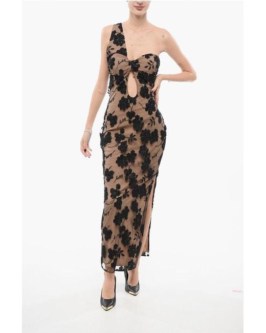 ROTATE BIRGER CHRISTENSEN Black Layered One-Sleeved Long Dress With Beads Details