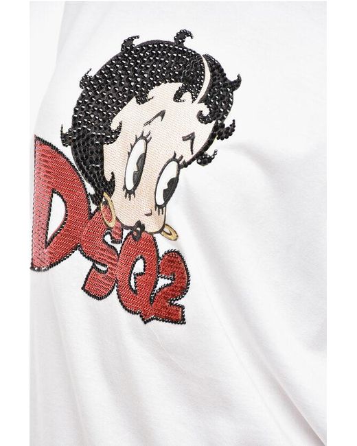 DSquared² White Crew Neck Betty Boop T-Shirt With Sequined Embroidery