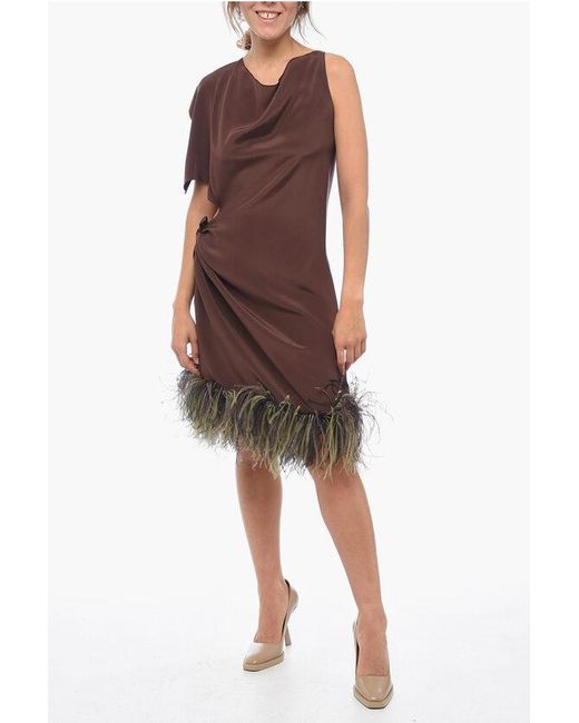 Stephan Janson Brown Asymmetric Paris Silk Dress With Ostrich Feathered Bottom
