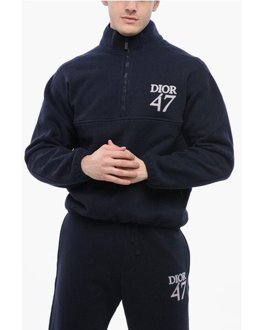 Dior Blue Mock Neck 47 Fleeced Cotton Sweatshirt With Half Zip for men