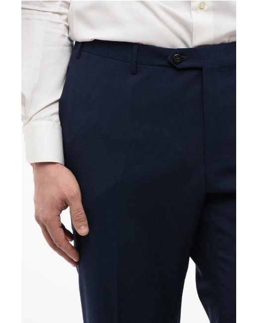 Corneliani Blue Virgin Wool Academy Pants With Minicheck Pattern for men