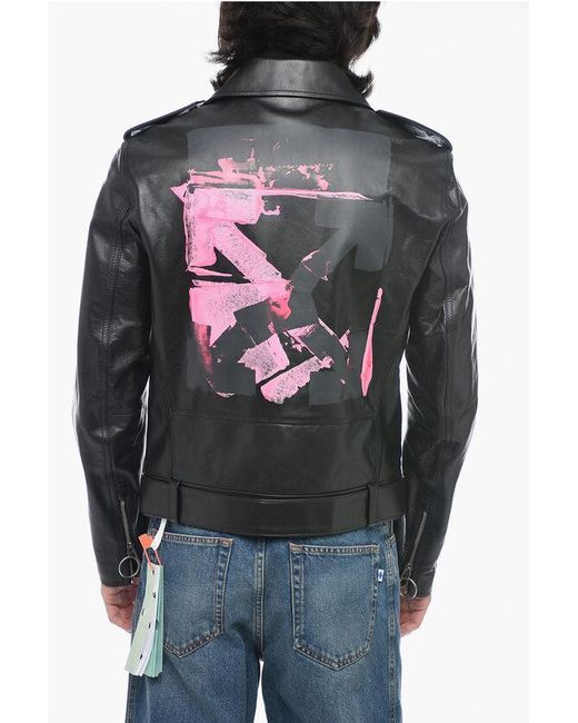 Off-White c/o Virgil Abloh Gray Off- Leather Arrow Biker Jacket With Rear Graphic Print for men