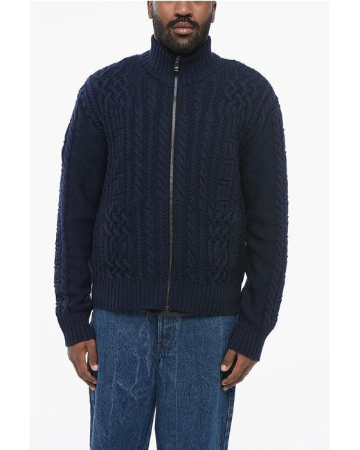 Versace Blue Virgin Wool Zip-Up Pullover With Cable Knit Design for men